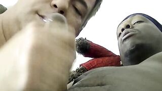 Giving a sexy blowjob to gay amateur James big black cock until he squirts in bed