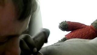 Giving a sexy blowjob to gay amateur James big black cock until he squirts in bed