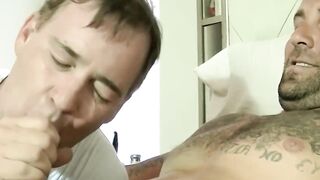 Tattoed muscled gay Duncan Dixxx gets a horny deepthroating during interview