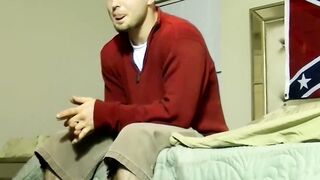 Hairy muscled gay Seg spread wide his legs and lets his cock and balls be consumed