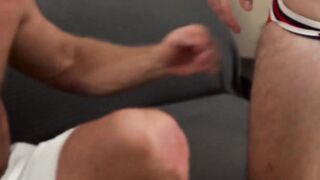 Beefy gay coach swallows two throbbing twink dicks