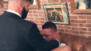Sloppy blowjob and cock riding by suited Dani Robles and barber Leo La Rosa