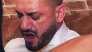 Sloppy blowjob and cock riding by suited Dani Robles and barber Leo La Rosa