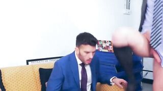 Sexy Drew Dixon rides the thick cock of suited Pol Dixon in the office