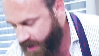 Suited Franky Fox served a sloppy blowjob in an ass fucking with Logan Moore