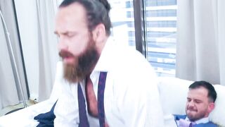 Suited Franky Fox served a sloppy blowjob in an ass fucking with Logan Moore