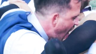 Suited Franky Fox served a sloppy blowjob in an ass fucking with Logan Moore