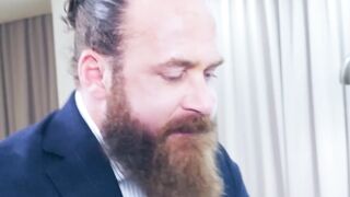 Suited Franky Fox served a sloppy blowjob in an ass fucking with Logan Moore