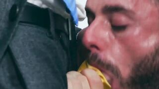 Sloppy blowjob and ass ramming by suited buddies Apolo Adri and Manuel Reyes