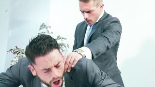 Sloppy blowjob and ass ramming by suited buddies Apolo Adri and Manuel Reyes