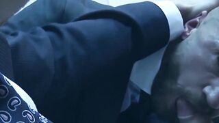 Suited Emir Boscatto sucked dicked and ass fucked by hottie Kayden Gray