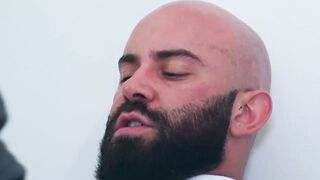Wet Leo Galileo jerked off before getting anal fucked by suited Bruno Max