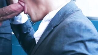 Wet Leo Galileo jerked off before getting anal fucked by suited Bruno Max