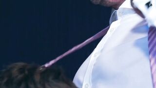 Hot threesome flip flop fucking by suited John Brachalli and David Linset