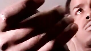 Black amateur dude shoots off thick cum by stroking his BBC
