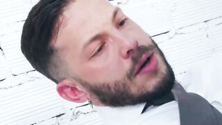 Sexy Javi Gray pounds his ass into the thick cock of suited John Brachalli
