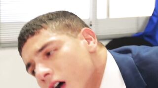 Suited Bastian Karim bent over for an ass drilling by hot Vadim Romanov
