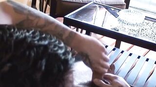 Tattooed jock dry humping the couch and jerking off solo