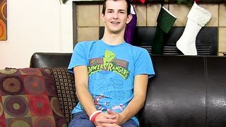 Young twink with huge cock masturbates after an interview