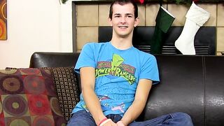 Young twink with huge cock masturbates after an interview