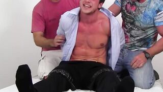 Bondage fetish jock Kenny tied up and tortured by two studs