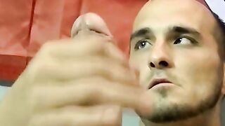 Hairy amateur gay dude smokes and strokes his cock solo