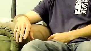 Hairy amateur gay dude smokes and strokes his cock solo