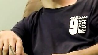 Hairy amateur gay dude smokes and strokes his cock solo