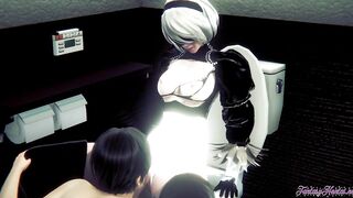 Nier Automata Anime - 2B Fellatio and Banged! inside a outdoors WC - Japanese chinese Hentai manga game porn