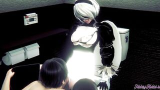 Nier Automata Anime - 2B Fellatio and Banged! inside a outdoors WC - Japanese chinese Hentai manga game porn