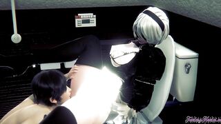 Nier Automata Anime - 2B Fellatio and Banged! inside a outdoors WC - Japanese chinese Hentai manga game porn