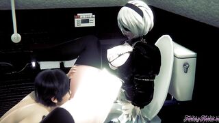 Nier Automata Anime - 2B Fellatio and Banged! inside a outdoors WC - Japanese chinese Hentai manga game porn