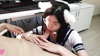 Adorable chan with cat ears inside a Cutie suit was eager to please her hunger with her senpai's sperm
