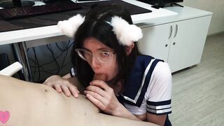 Adorable chan with cat ears inside a Cutie suit was eager to please her hunger with her senpai's sperm