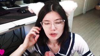 Adorable chan with cat ears inside a Cutie suit was eager to please her hunger with her senpai's sperm