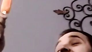 Kinky teen jerks off his throbbing cock while giving hot BJ