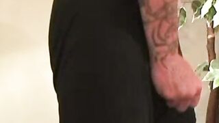 Old tattooed gay masturbates his thick cock in intense solo