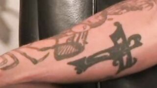 Old tattooed gay masturbates his thick cock in intense solo