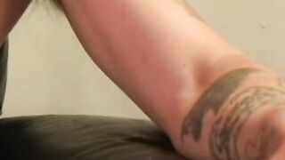 Old tattooed gay masturbates his thick cock in intense solo