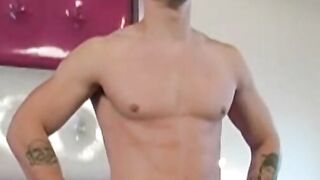 Masked athletic stud Troy does an interview before jerking