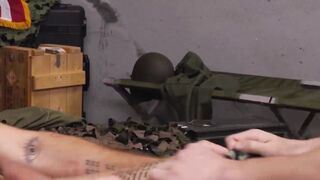 Kinky soldier Justin Lewis moans during hot ass stretching