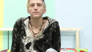 Skinny teenager Ian jerks off his big cock after interview