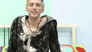 Skinny teenager Ian jerks off his big cock after interview