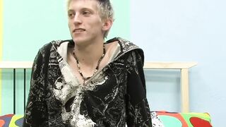Skinny teenager Ian jerks off his big cock after interview