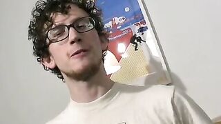 Skinny curly haired amateur jerking off his thick dick solo