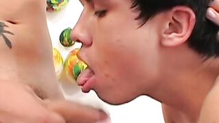 Latino jock ass stretched bareback in spitroast group sex