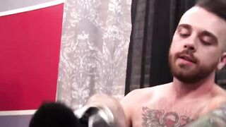 Tattooed hottie Harrison Levi wanks and chokes his awesome cock until cumshot