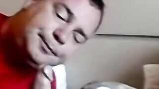 Chubby man receives cum in mouth in interracial threesome