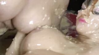 Food fight for busty UK grandparents featuring lesbian pussy licking
