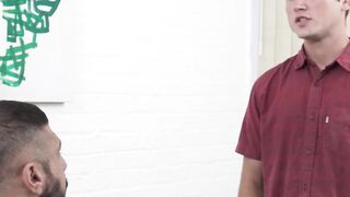 Bearded hunk bangs petite teen from behind until he cums